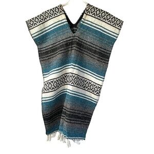 Baja Mexican Blanket Poncho Wrap Blue White Black Striped, One Size
